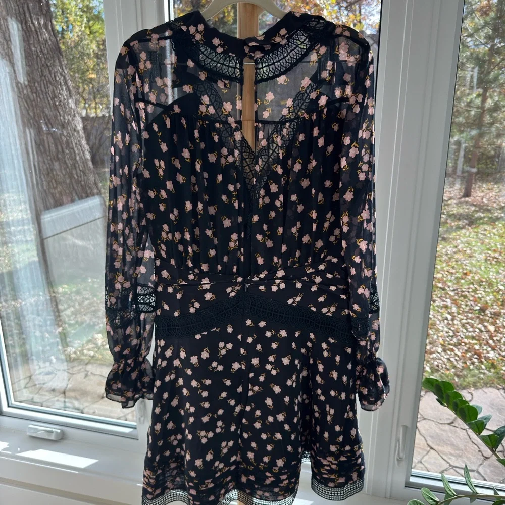 Self-Portrait Printed Mini Dress Sheer Sleeve Lace Detail Size S / US 4 - Picture 4 of 4